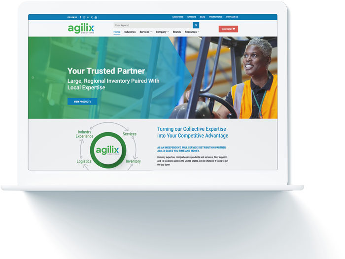 Agilix Solutions B2B ecommerce website on a laptop, showcasing ROC Commerce capabilities for industrial distribution success