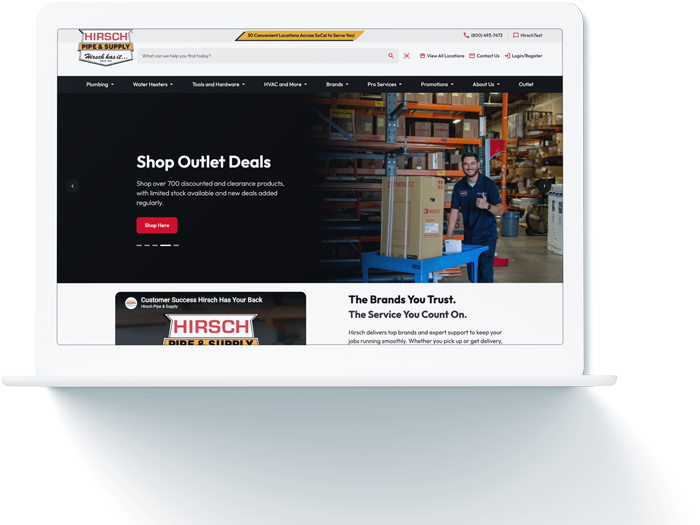 Hirsch Pipe & Supply ecommerce website showcasing streamlined product discovery and online buying with ROC Commerce features