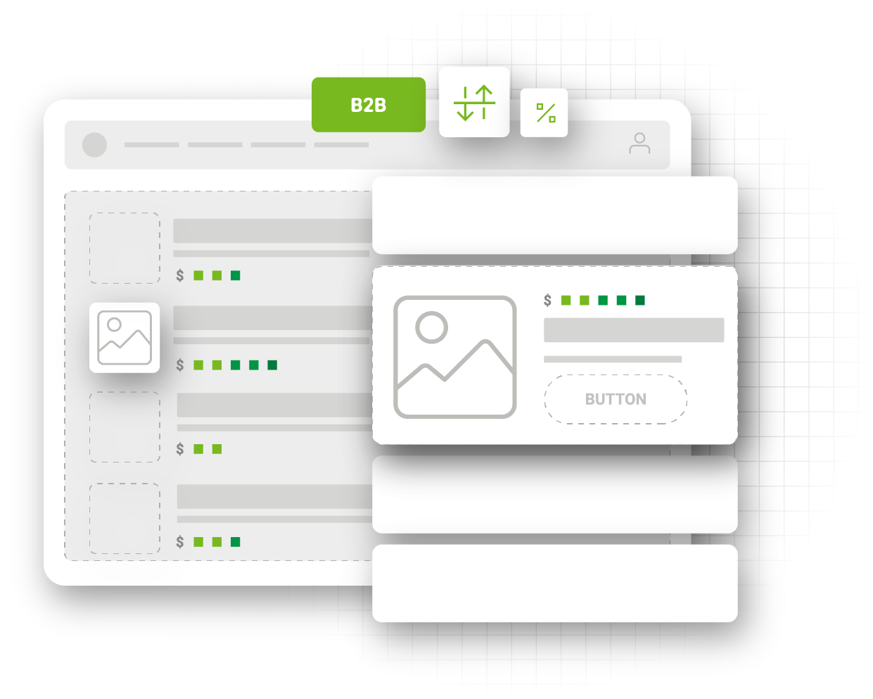 illustration of B2B user interface with data visualization and management options, indicating success with ecommerce platform