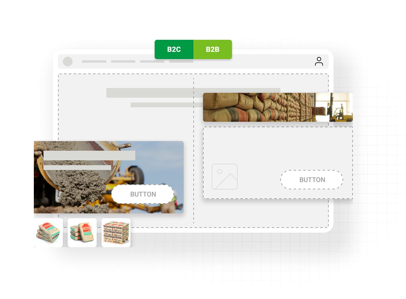 Graphic of B2B and B2C ecommerce interface, highlighting business success for building materials distributors