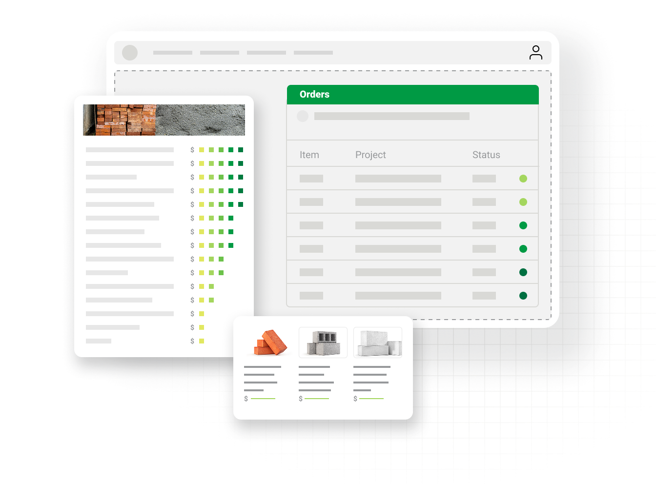 Graphic of project-based ordering portal with building materials products, highlighting ecommerce business success for building materials distributors