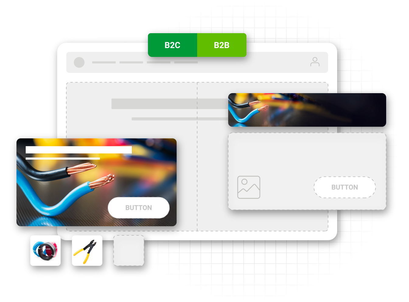 graphic of dynamic web interface showcasing B2B and B2C capabilities for ecommerce store environments in electrical industry