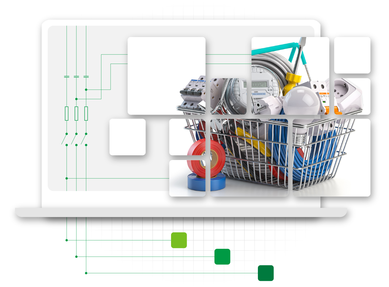graphic showing an online shopping cart filled with electrical supplies, indicating business success with ecommerce platform
