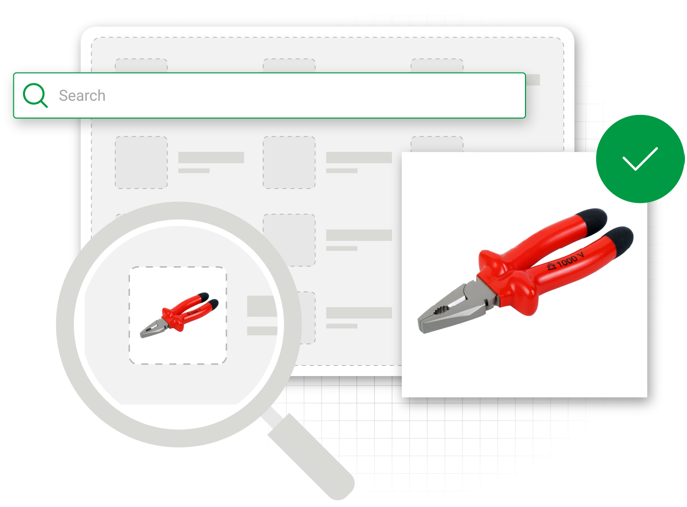 website search capability of magnifying glass highlighting red pliers, depicting online search for electrical tools ecommerce