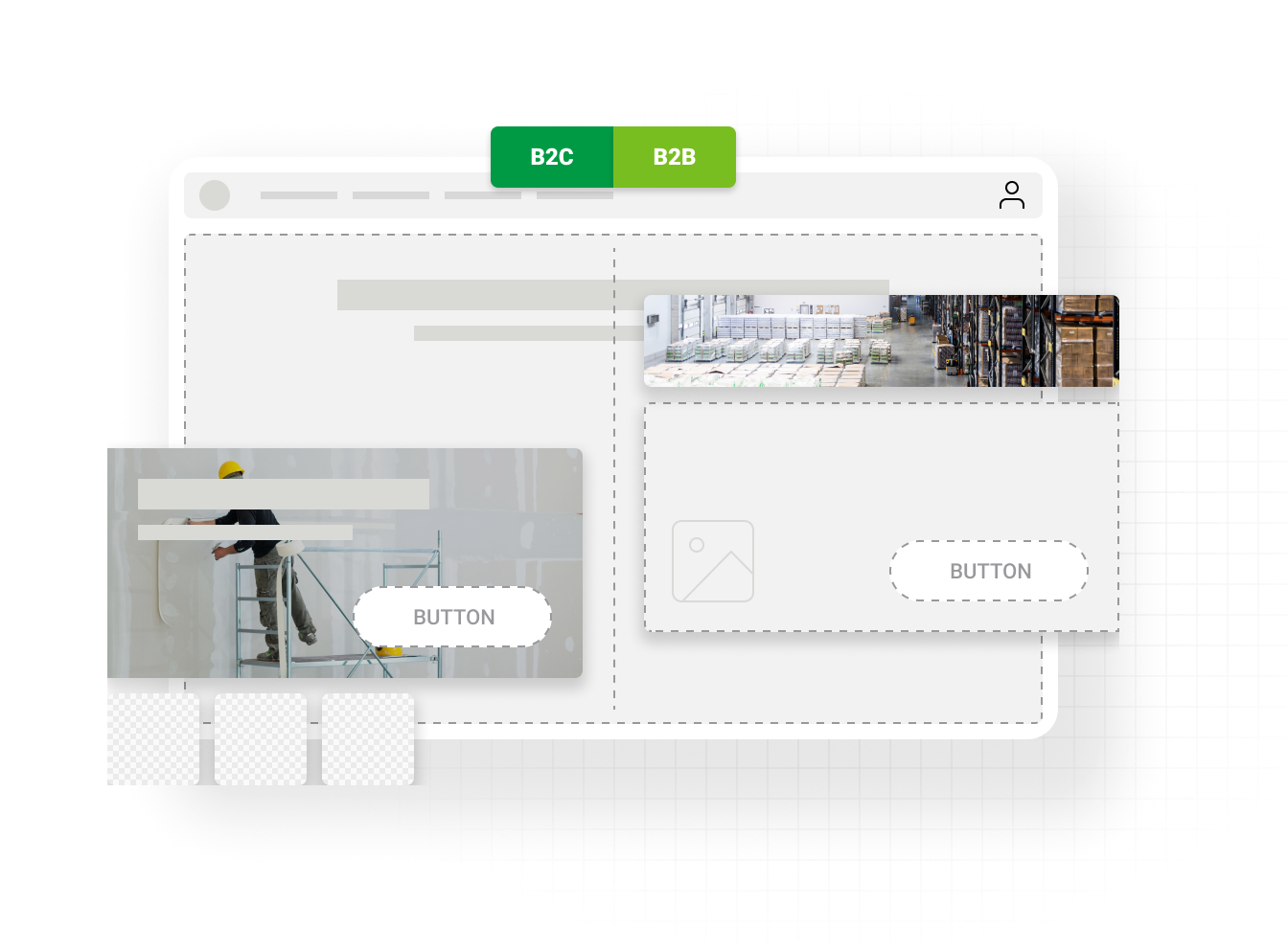 Graphic of dynamic web interface showcasing B2B and B2C capabilities for ecommerce store environments in gypsum supply industry
