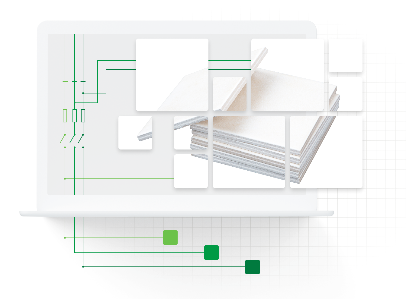 Graphic of dynamic web interface showcasing inventory management capabilities for gypsum supply distributors