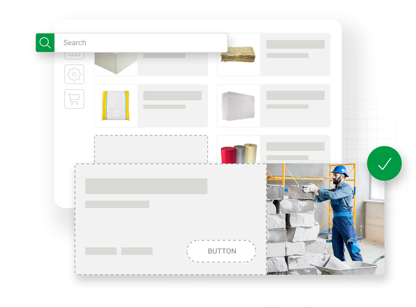 Website search capability highlighting gypsum supply products, depicting ecommerce search for gypsum distributors