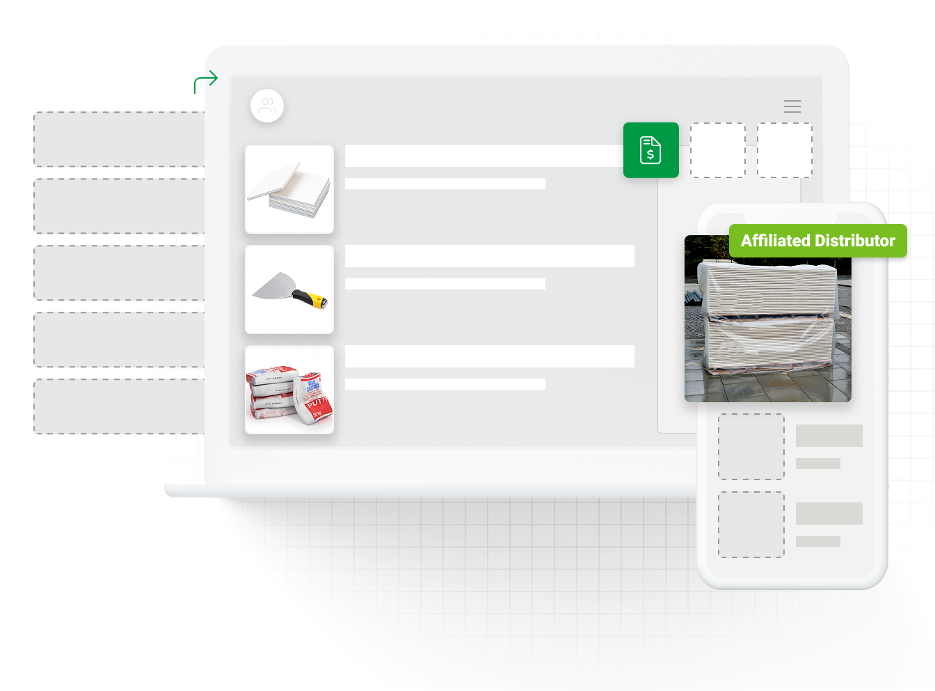 Building materials product catalog with affiliated distributor pricing, depicting ecommerce for gypsum supply distributors