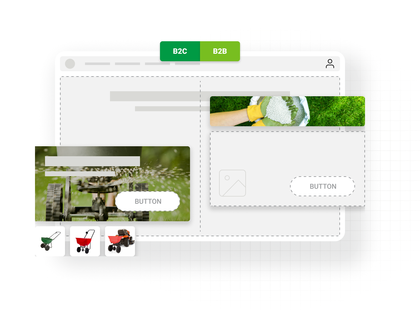 Graphic of web interface showcasing B2B and B2C ecommerce capabilities for irrigation and landscape distributors