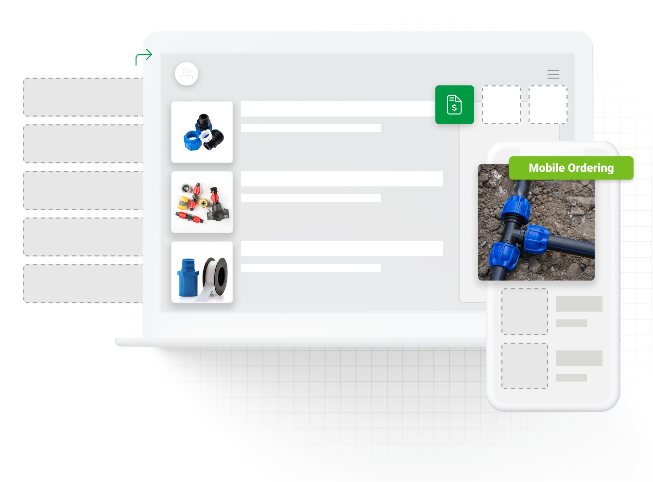 Irrigation product catalog and mobile ordering interface, depicting ecommerce solutions for independent distributors