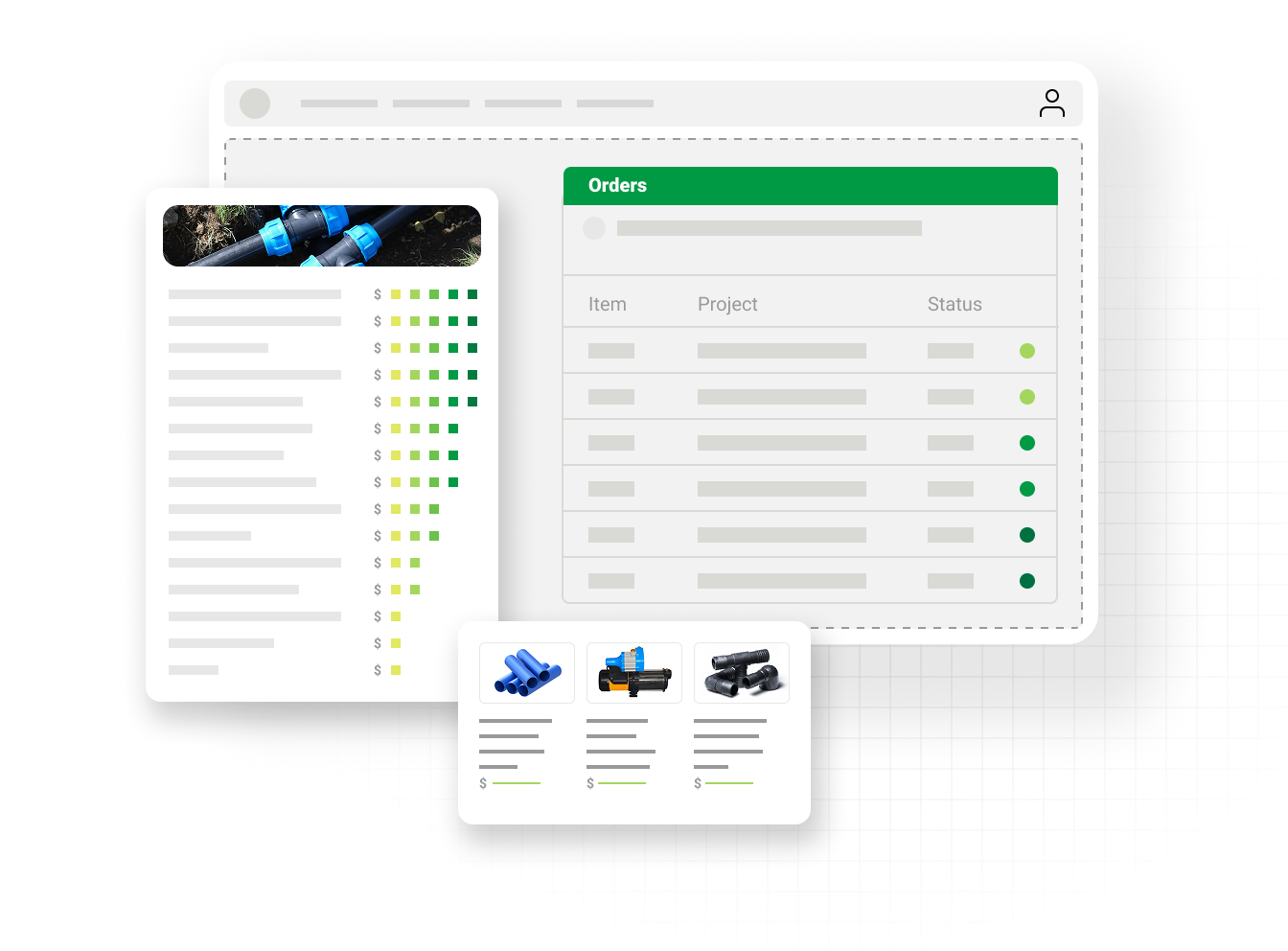 Graphic of project-based ordering portal with irrigation products, highlighting ecommerce success for irrigation distributors