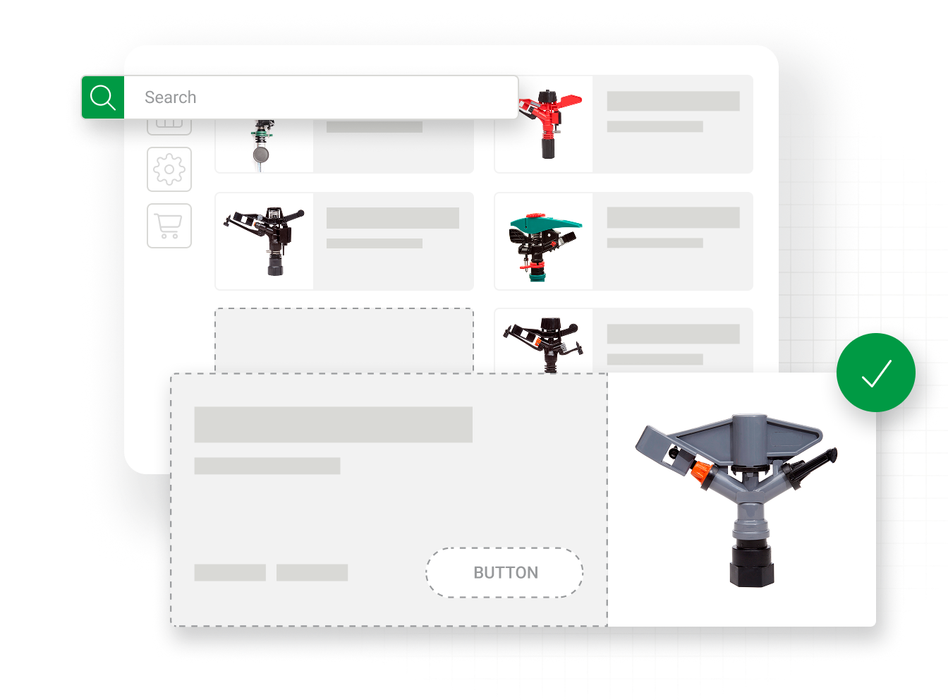 Website search capability highlighting irrigation products, depicting ecommerce search for landscape distributors