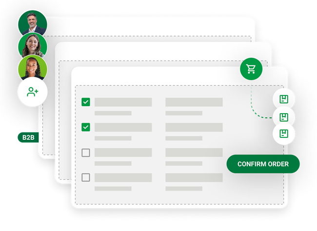 Graphic of an optimized online ordering interface for B2B buyers, highlighting user profiles and order confirmation features