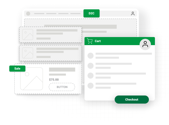 D2C ecommerce interface showing product pages, a cart, and checkout options to streamline online sales directly to customers