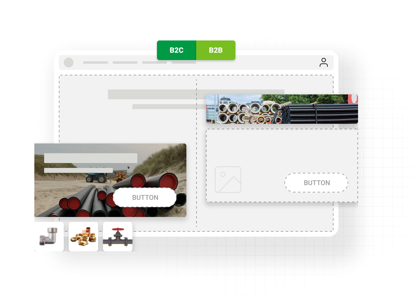 Graphic of dynamic web interface showcasing B2B and B2C capabilities for ecommerce store environments in waterworks industry