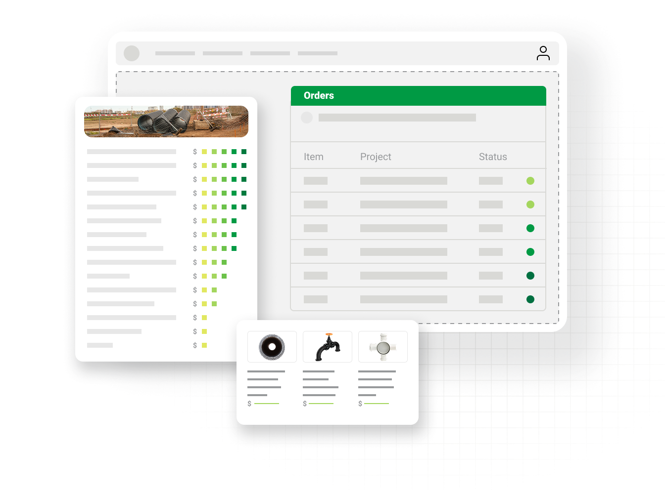 Graphic of project-based ordering portal with waterworks products, highlighting ecommerce business success for waterworks distributors
