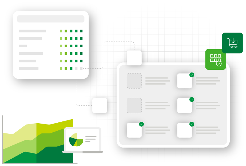 Abstract digital interface for data management, featuring ERP capabilities of Epicor P21 and ROC Commerce ecommerce platform