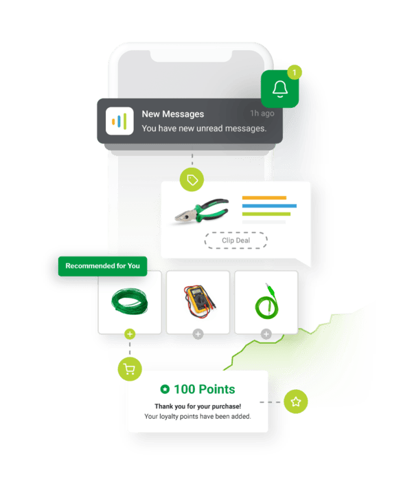 Smartphone showcasing ecommerce mobile app integration features for notifications, discounts, recommendations, and rewards