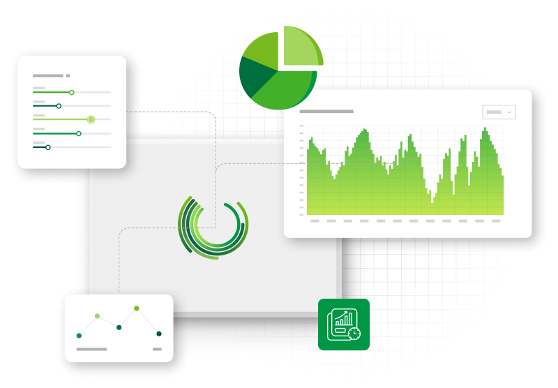 Illustration of business analytics and data interfaces, displaying successful ERP platform integration for ecommerce platform